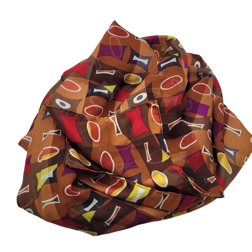 Kenneth Cole Silk Scarf Brown Abstract Geometric Print Retro Mod Vintage